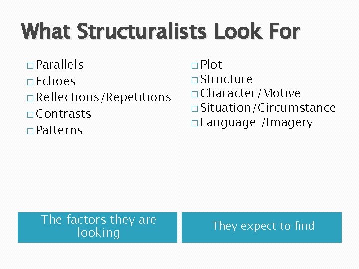 What Structuralists Look For � Parallels � Plot � Reflections/Repetitions � Character/Motive � Echoes