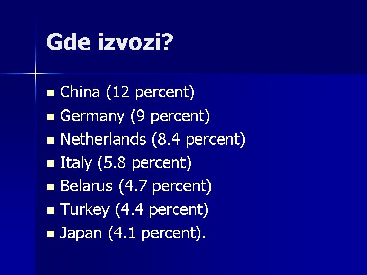 Gde izvozi? China (12 percent) n Germany (9 percent) n Netherlands (8. 4 percent)