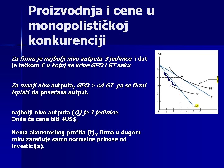 Proizvodnja i cene u monopolističkoj konkurenciji Za firmu je najbolji nivo autputa 3 jedinice