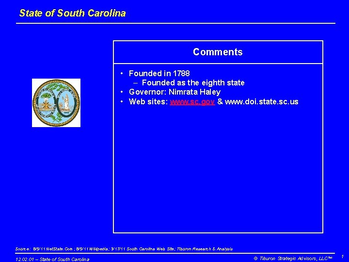 State of South Carolina Comments • Founded in 1788 – Founded as the eighth