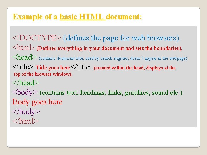 Example of a basic HTML document: <!DOCTYPE> (defines the page for web browsers). <html>