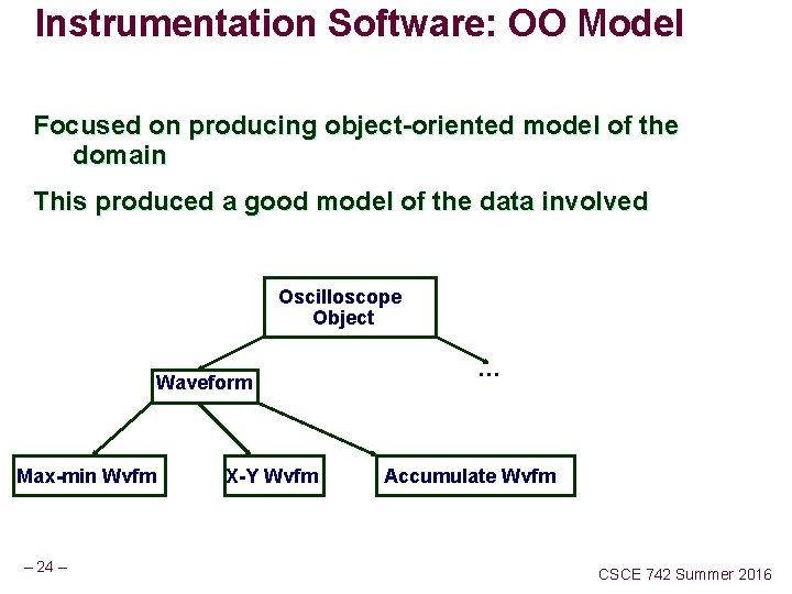 Instrumentation Software: OO Model Focused on producing object-oriented model of the domain This produced