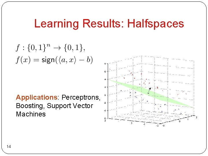 Learning Results: Halfspaces Applications: Perceptrons, Boosting, Support Vector Machines 14 Learning Results: Halfspaces Applications: Perceptrons, Boosting, Support Vector Machines 14