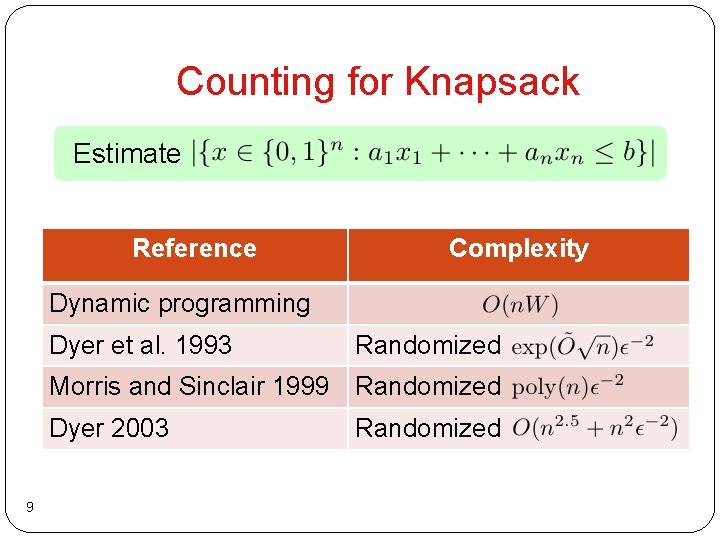 Counting for Knapsack Estimate Reference Complexity Dynamic programming Dyer et al. 1993 Randomized Morris Counting for Knapsack Estimate Reference Complexity Dynamic programming Dyer et al. 1993 Randomized Morris