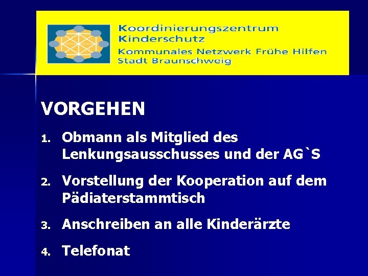 VORGEHEN 1. Obmann als Mitglied des Lenkungsausschusses und der AG`S 2. Vorstellung der Kooperation