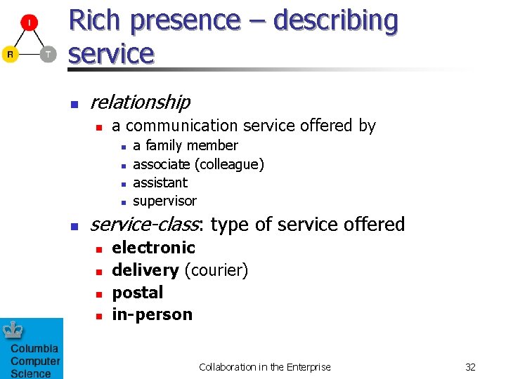 Rich presence – describing service n relationship n a communication service offered by n