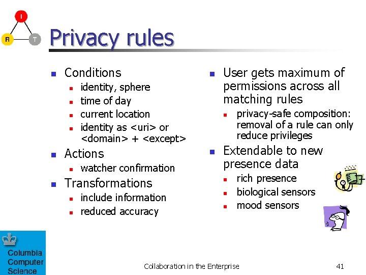 Privacy rules n Conditions n n n identity, sphere time of day current location