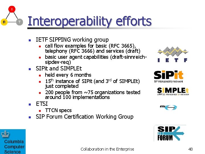 Interoperability efforts n IETF SIPPING working group n n n SIPit and SIMPLEt n