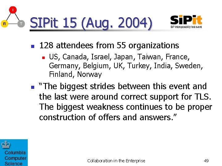 SIPit 15 (Aug. 2004) n 128 attendees from 55 organizations n n US, Canada,