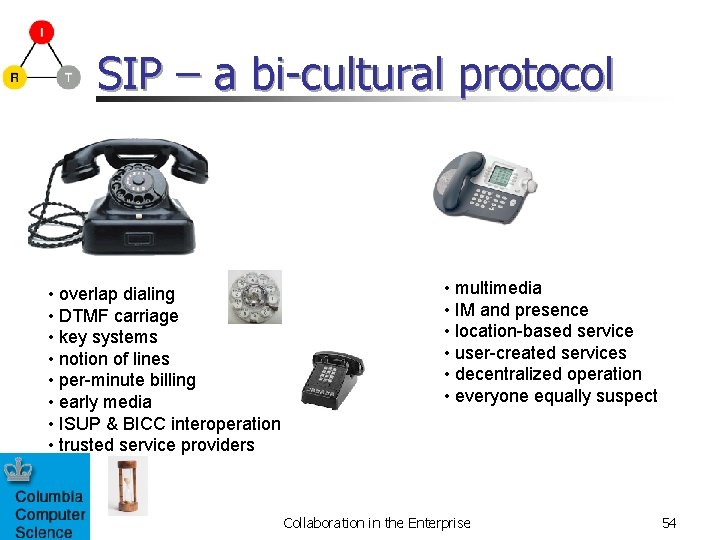 SIP – a bi-cultural protocol • overlap dialing • DTMF carriage • key systems