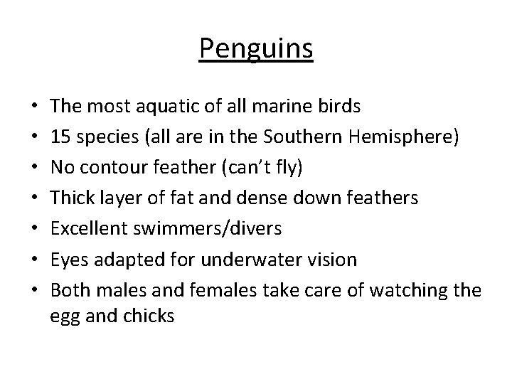 Penguins • • The most aquatic of all marine birds 15 species (all are