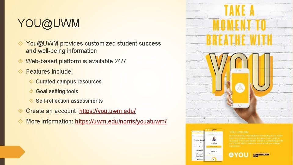 YOU@UWM You@UWM provides customized student success and well-being information Web-based platform is available 24/7