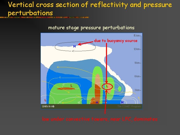 Vertical cross section of reflectivity and pressure perturbations mature stage pressure perturbations due to