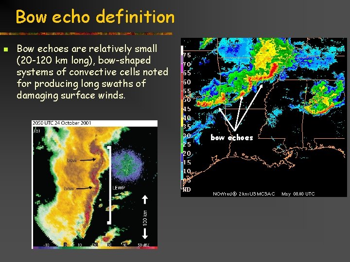 Bow echo definition n Bow echoes are relatively small (20 -120 km long), bow-shaped