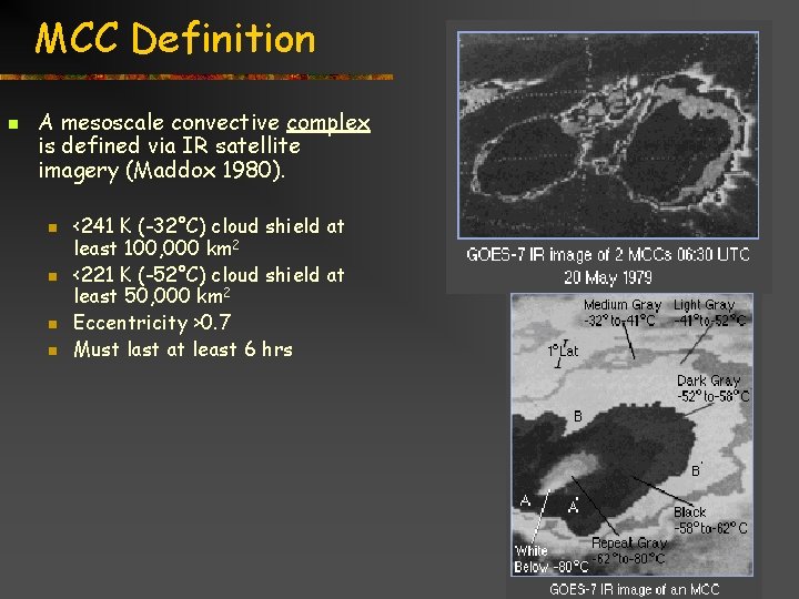 MCC Definition n A mesoscale convective complex is defined via IR satellite imagery (Maddox