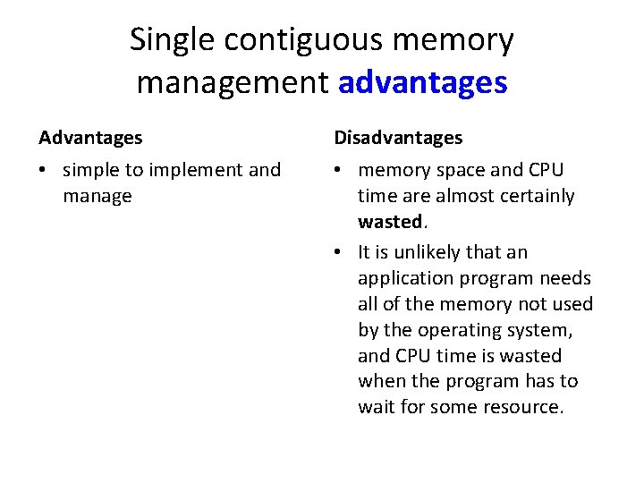 Single contiguous memory management advantages Advantages Disadvantages • simple to implement and manage •