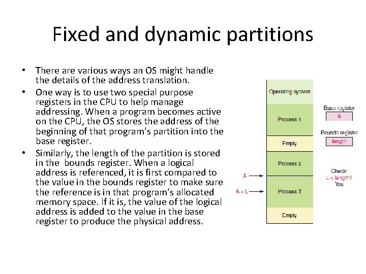 Fixed and dynamic partitions • There are various ways an OS might handle the