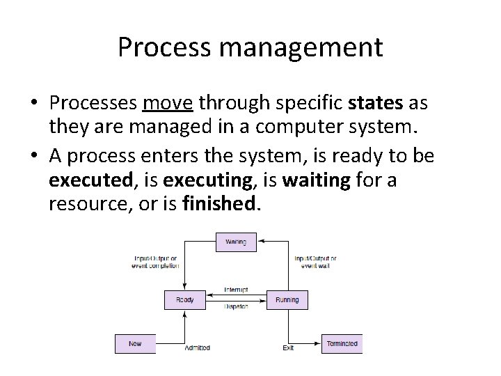 Process management • Processes move through specific states as they are managed in a