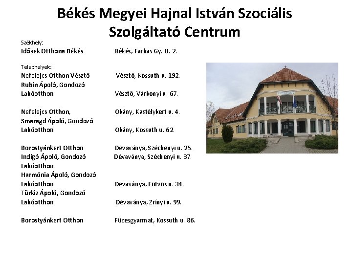 Székhely: Békés Megyei Hajnal István Szociális Szolgáltató Centrum Idősek Otthona Békés Békés, Farkas Gy.