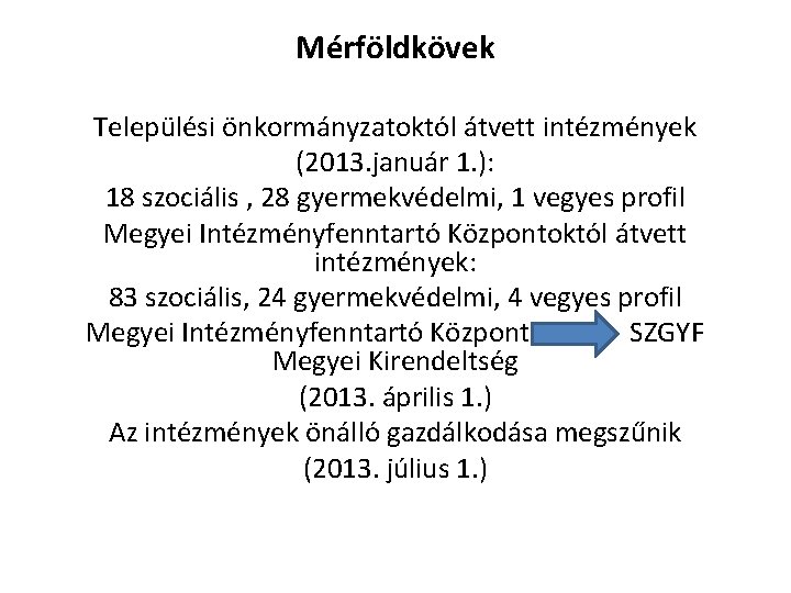 Mérföldkövek Települési önkormányzatoktól átvett intézmények (2013. január 1. ): 18 szociális , 28 gyermekvédelmi,