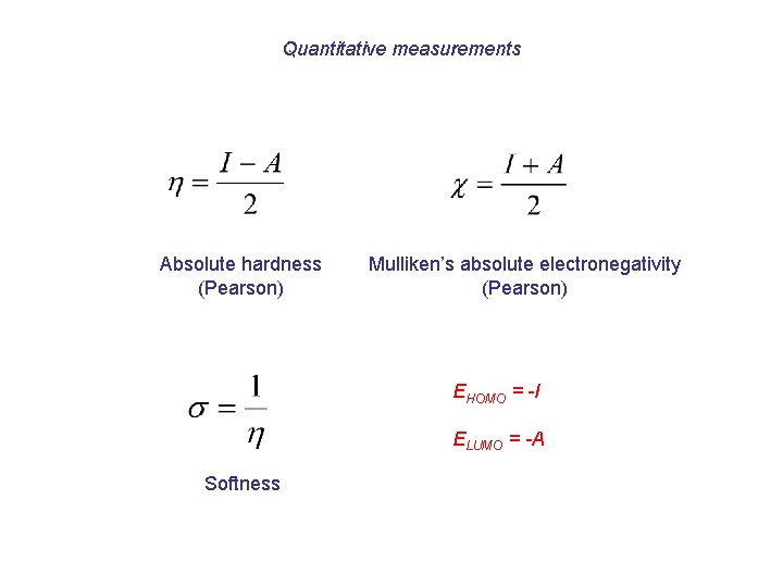 Quantitative measurements Absolute hardness (Pearson) Mulliken’s absolute electronegativity (Pearson) EHOMO = -I ELUMO =