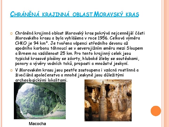 CHRÁNĚNÁ KRAJINNÁ OBLAST MORAVSKÝ KRAS Chráněná krajinná oblast Moravský kras pokrývá nejcennější části Moravského