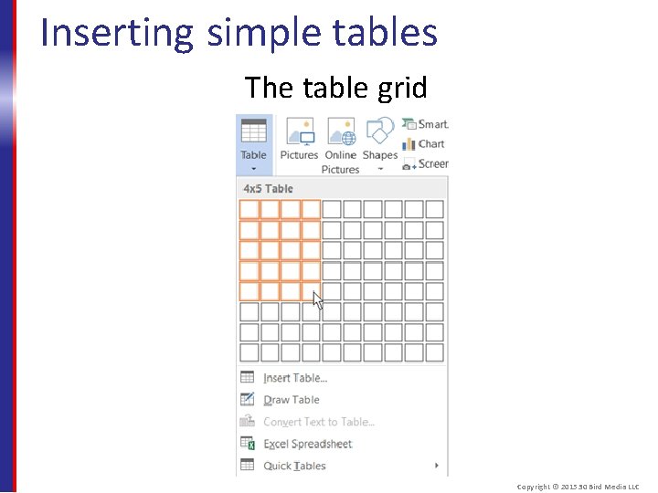 Inserting simple tables The table grid Copyright © 2015 30 Bird Media LLC 