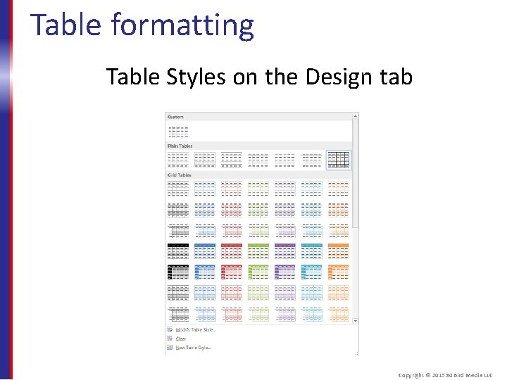 Table formatting Table Styles on the Design tab Copyright © 2015 30 Bird Media