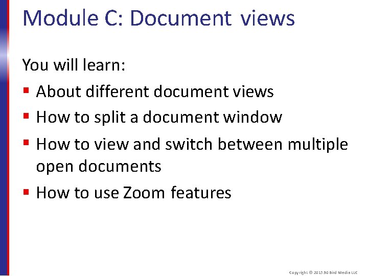 Module C: Document views You will learn: About different document views How to split