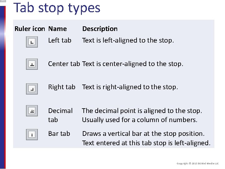 Tab stop types Ruler icon Name Left tab Description Text is left-aligned to the