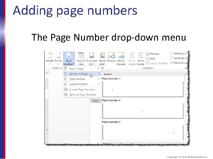 Adding page numbers The Page Number drop-down menu Copyright © 2015 30 Bird Media