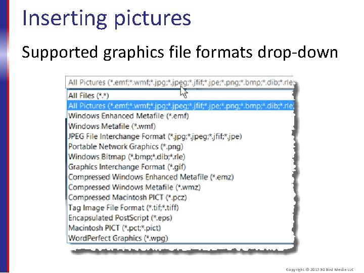 Inserting pictures Supported graphics file formats drop-down Copyright © 2015 30 Bird Media LLC