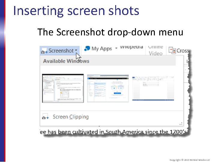 Inserting screen shots The Screenshot drop-down menu Copyright © 2015 30 Bird Media LLC