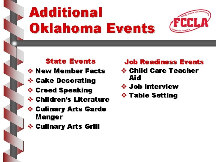 Additional Oklahoma Events State Events v New Member Facts v Cake Decorating v Creed