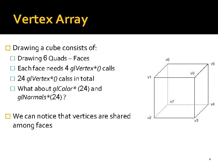 Vertex Array � Drawing a cube consists of: Drawing 6 Quads – Faces � Vertex Array � Drawing a cube consists of: Drawing 6 Quads – Faces �