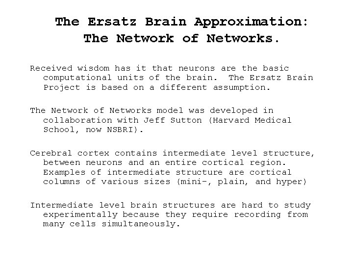 The Ersatz Brain Approximation: The Network of Networks. Received wisdom has it that neurons