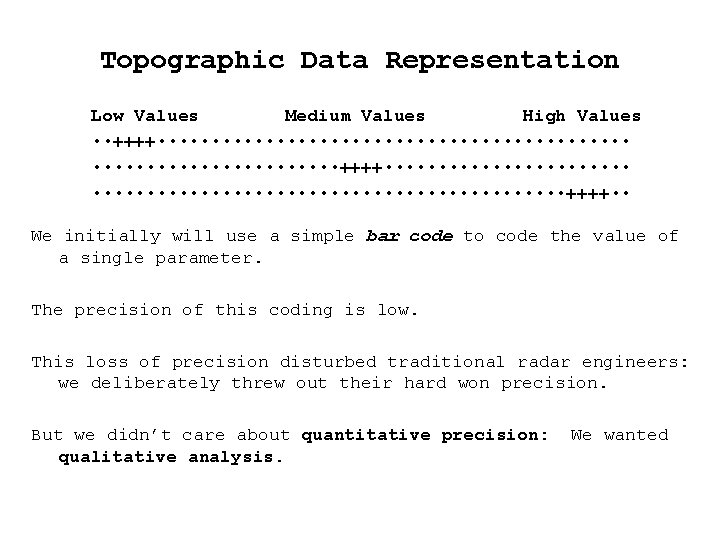 Topographic Data Representation Low Values Medium Values High Values • • ++++ • •