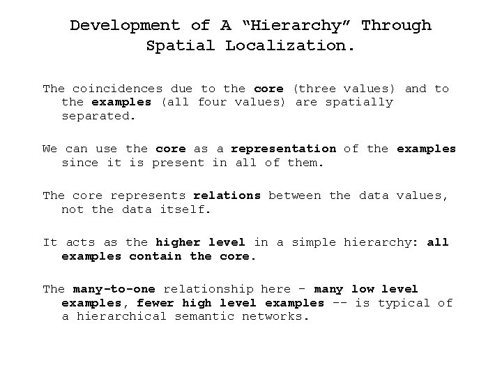 Development of A “Hierarchy” Through Spatial Localization. The coincidences due to the core (three