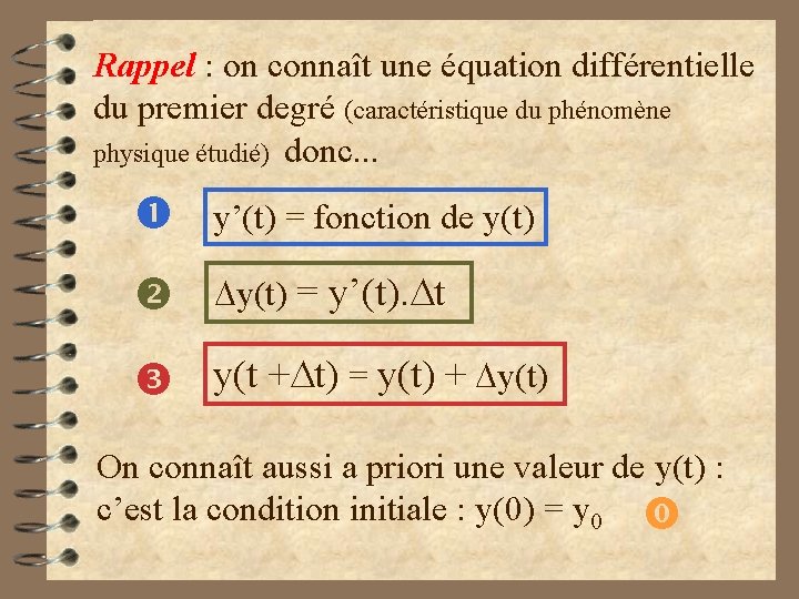 Rappel : on connaît une équation différentielle du premier degré (caractéristique du phénomène physique
