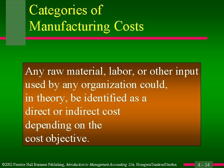 Categories of Manufacturing Costs Any raw material, labor, or other input used by any