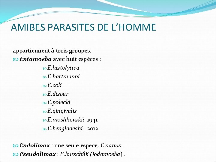 AMIBES PARASITES DE L’HOMME appartiennent à trois groupes. Entamoeba avec huit espèces : E.