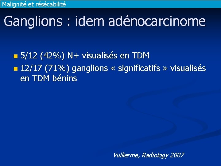 Malignité et résécabilité Ganglions : idem adénocarcinome 5/12 (42%) N+ visualisés en TDM n