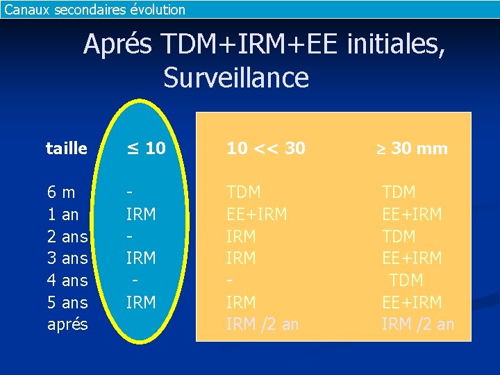 Canaux secondaires évolution Aprés TDM+IRM+EE initiales, Surveillance taille 6 m 1 an 2 ans