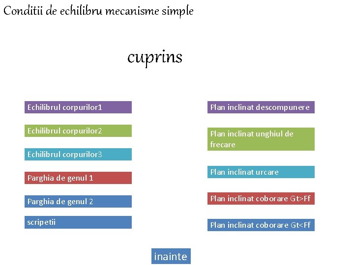 Conditii de echilibru mecanisme simple cuprins Echilibrul corpurilor 1 Plan inclinat descompunere Echilibrul corpurilor