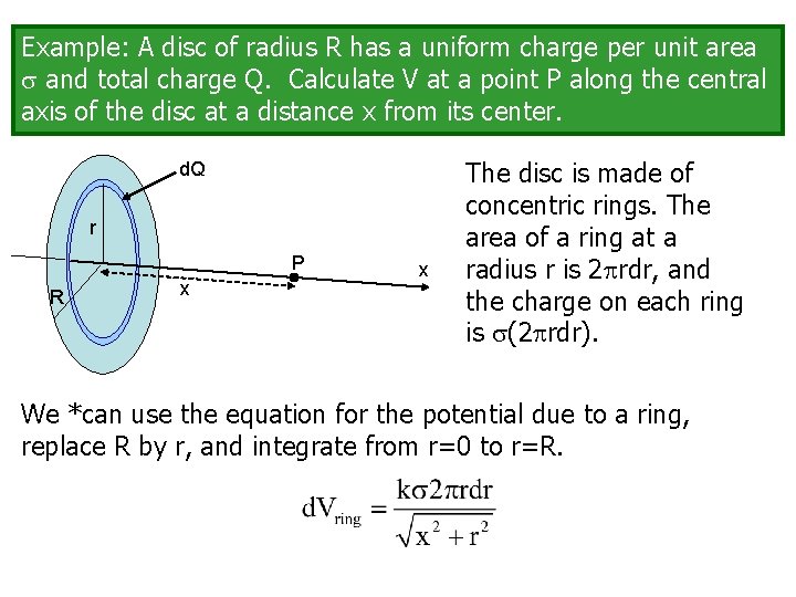 Example: A disc of radius R has a uniform charge per unit area and