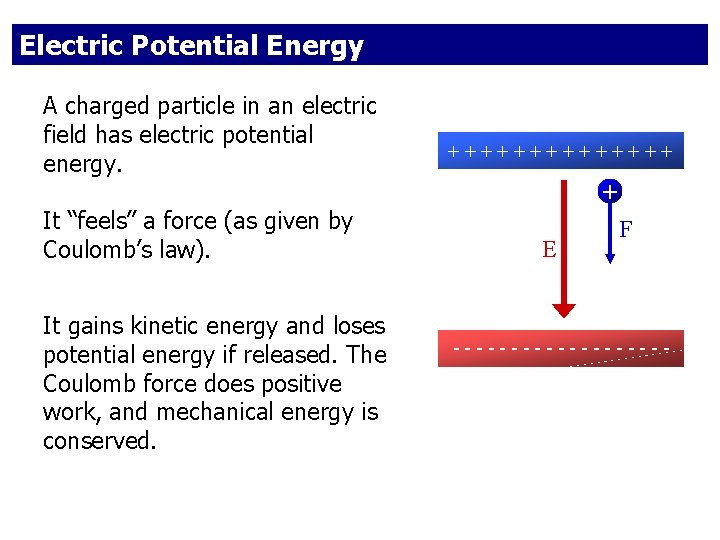 Electric Potential Energy A charged particle in an electric field has electric potential energy.