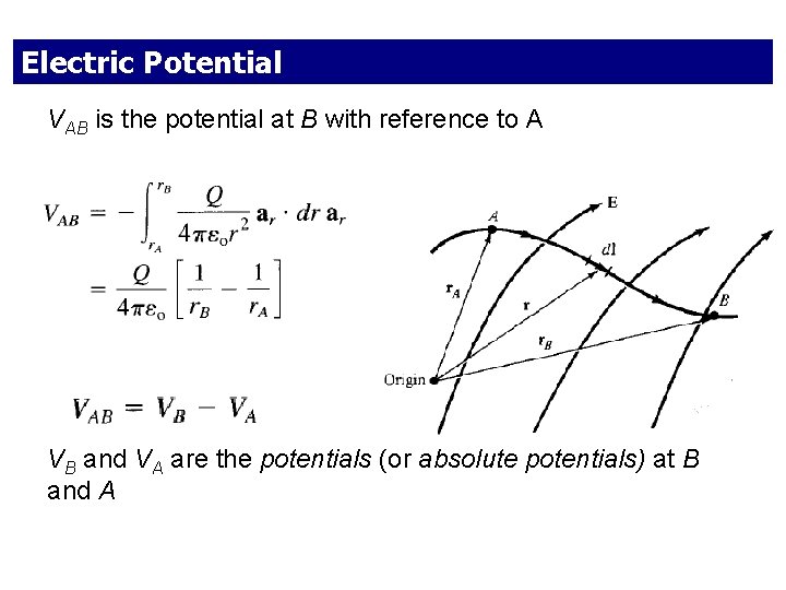 Electric Potential VAB is the potential at B with reference to A VB and