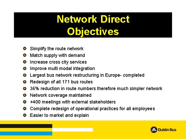 Network Direct Objectives Simplify the route network Match supply with demand Increase cross city