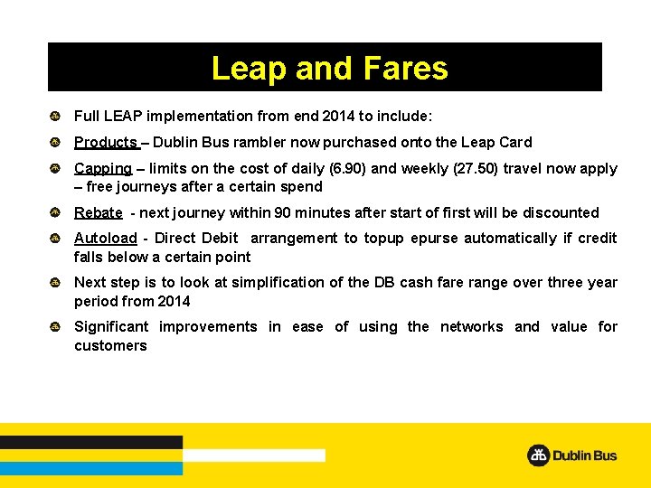 Leap and Fares Full LEAP implementation from end 2014 to include: Products – Dublin