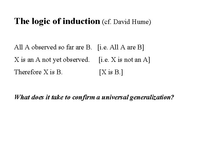 The logic of induction (cf. David Hume) All A observed so far are B.